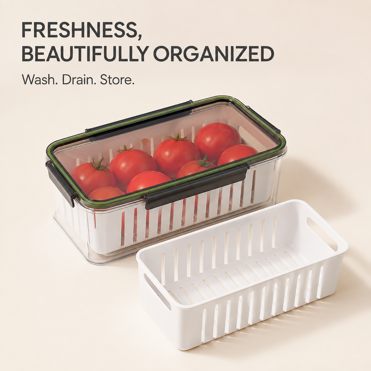 Stackable Refrigerator Produce Keeper with Removable Drain Basket