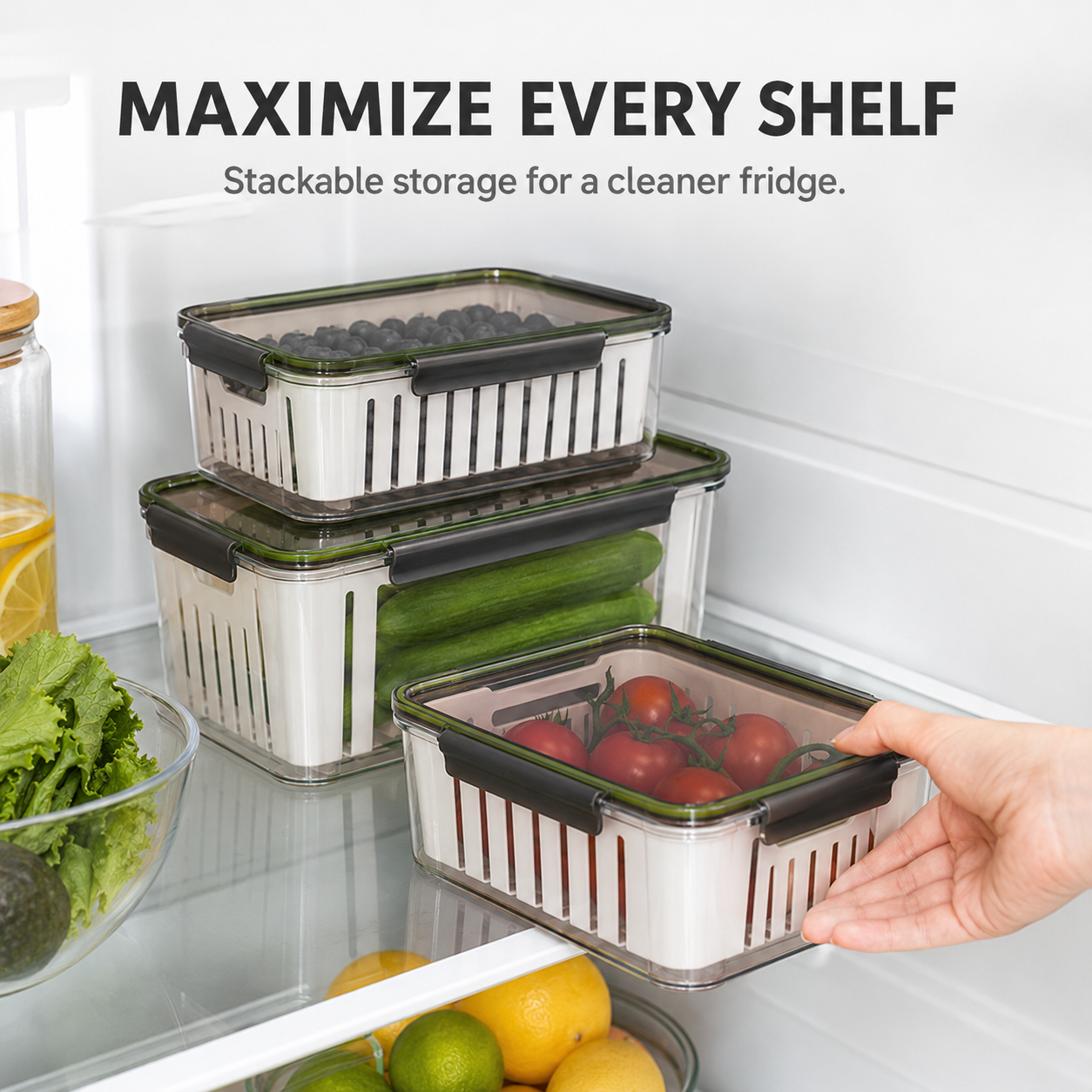 Stackable Refrigerator Produce Keeper with Removable Drain Basket