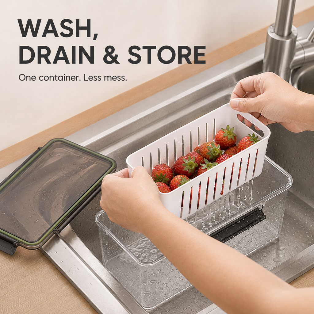 Stackable Refrigerator Produce Keeper with Removable Drain Basket