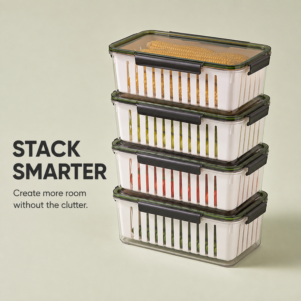 Stackable Refrigerator Produce Keeper with Removable Drain Basket