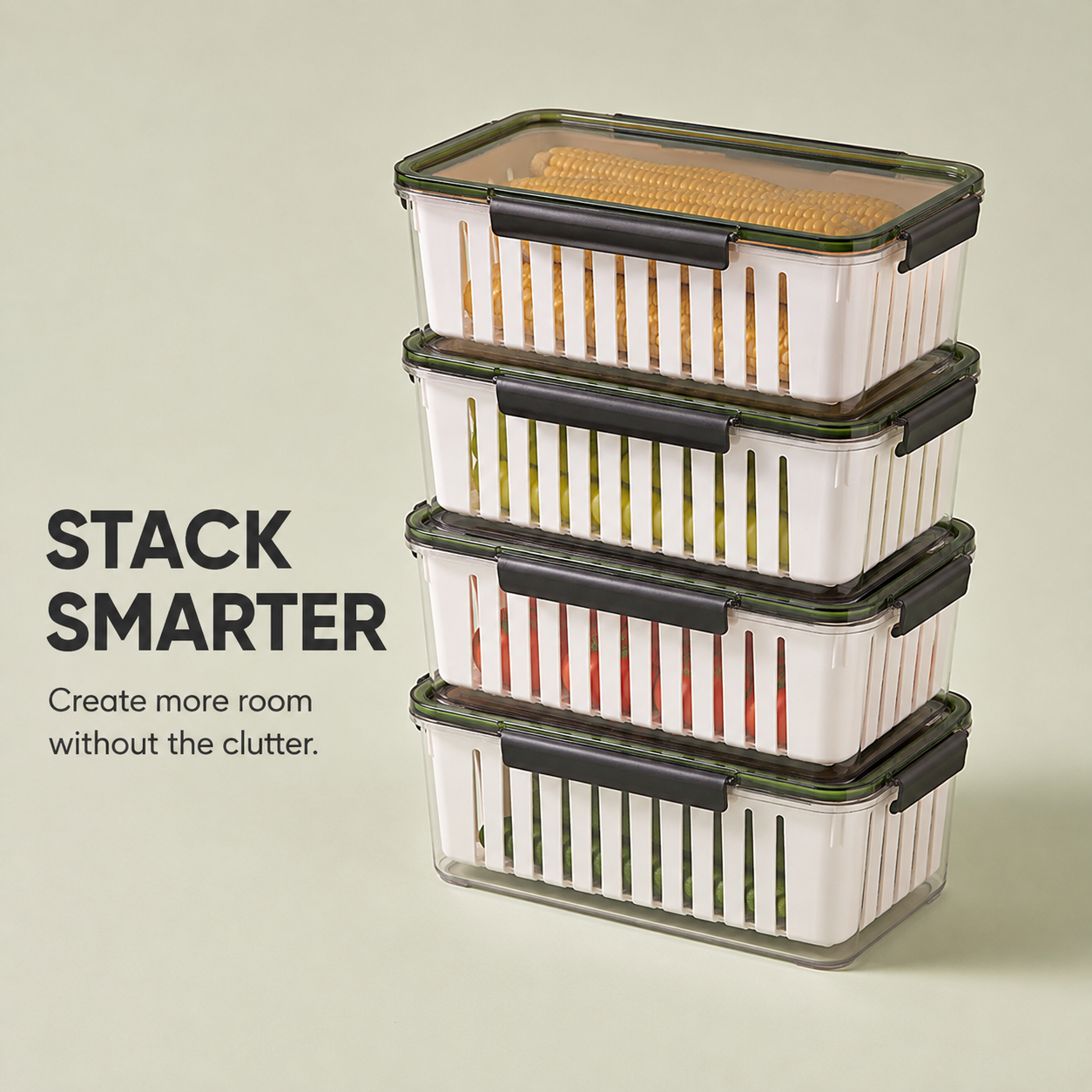 Stackable Refrigerator Produce Keeper with Removable Drain Basket