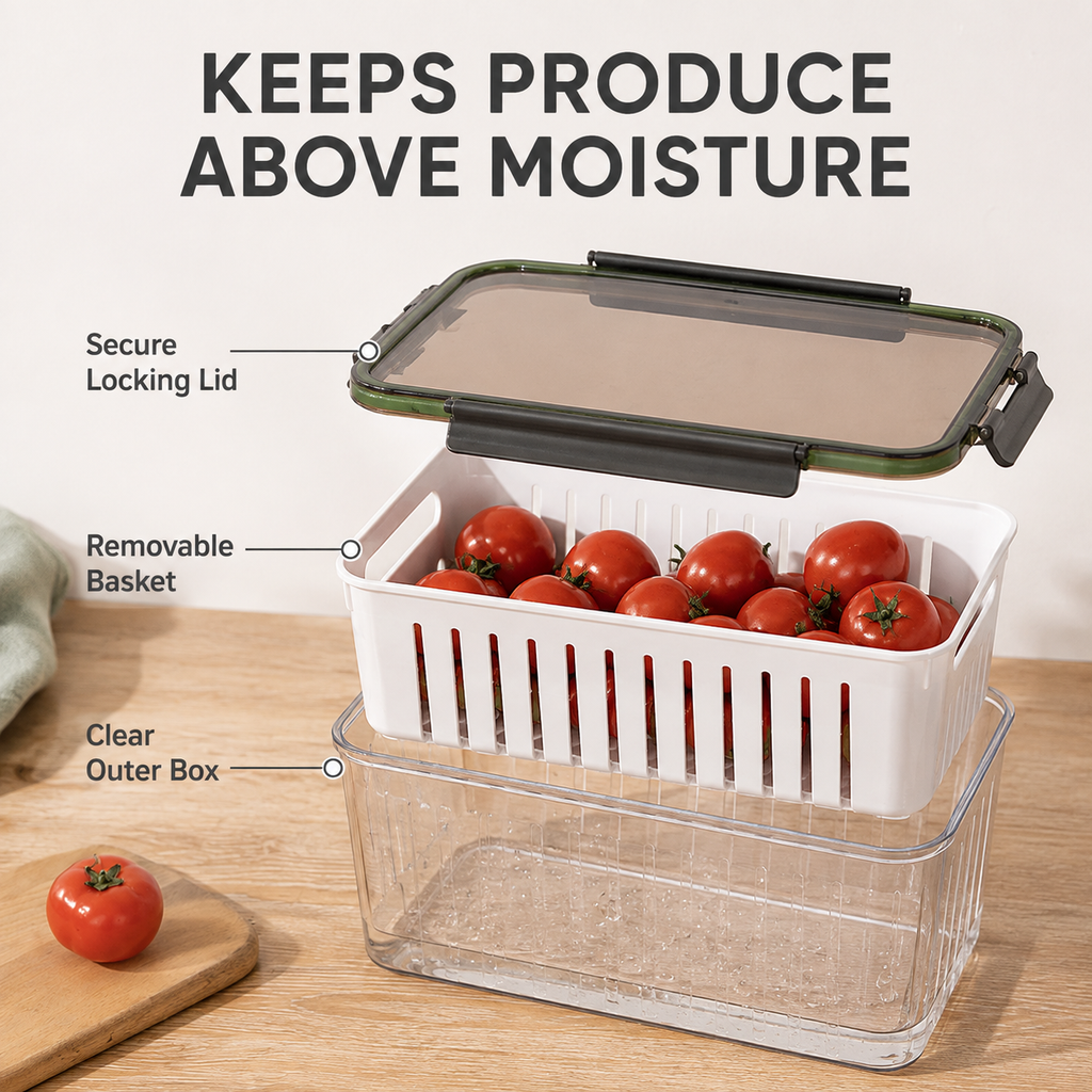 Stackable Refrigerator Produce Keeper with Removable Drain Basket