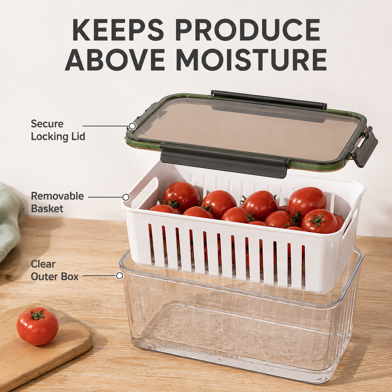 Stackable Refrigerator Produce Keeper with Removable Drain Basket
