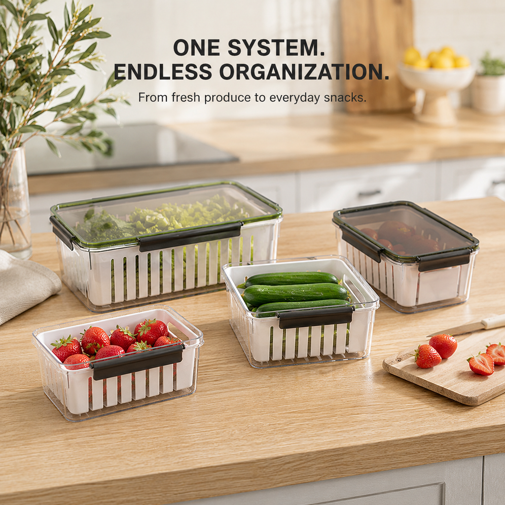 Stackable Refrigerator Produce Keeper with Removable Drain Basket