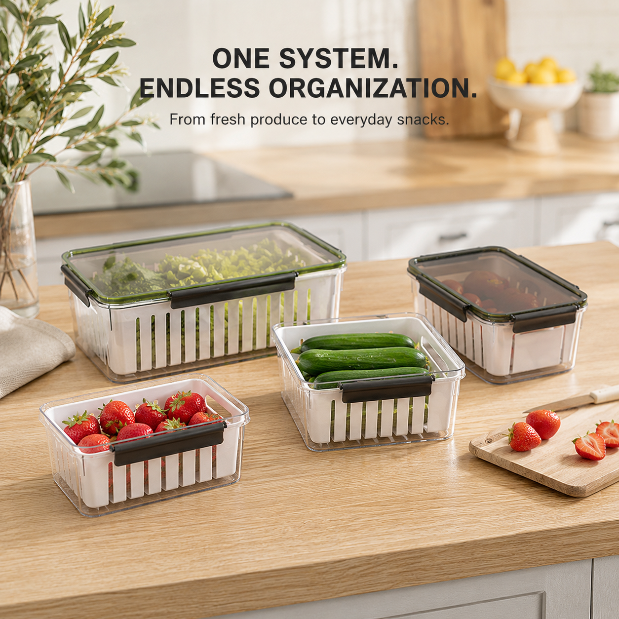 Stackable Refrigerator Produce Keeper with Removable Drain Basket