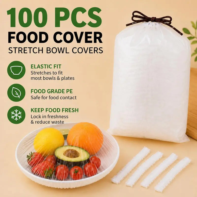 100PCS Disposable Stretch Food Covers for Bowls & Plates